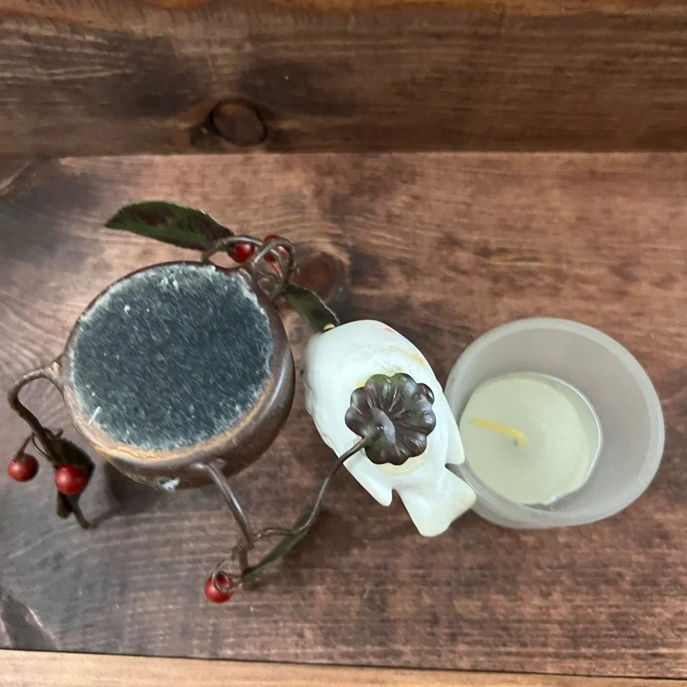 Vintage Metal Branch Votive Candle Holder Ceramic Bird Leaves Red Berries